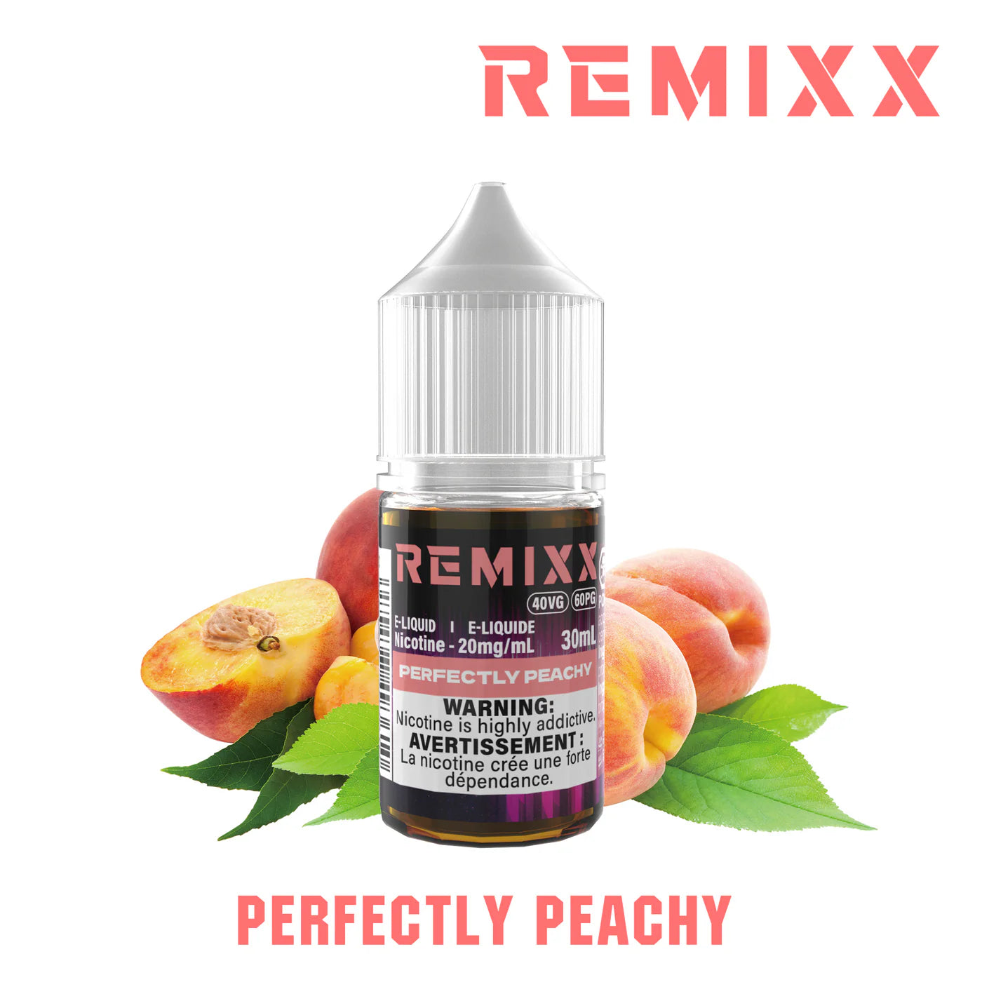 Remixx Perfectly Peachy e-liquid bottle with peaches and leaves on a white backgroundPerfectly Peachy
