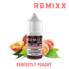 Remixx Perfectly Peachy e-liquid bottle with peaches and leaves on a white backgroundPerfectly Peachy