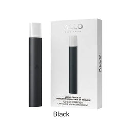 Black vape device with white top and ALLO branding on packaging against a white background