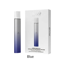 Blue and white ALLO vapor device with packaging on a white background