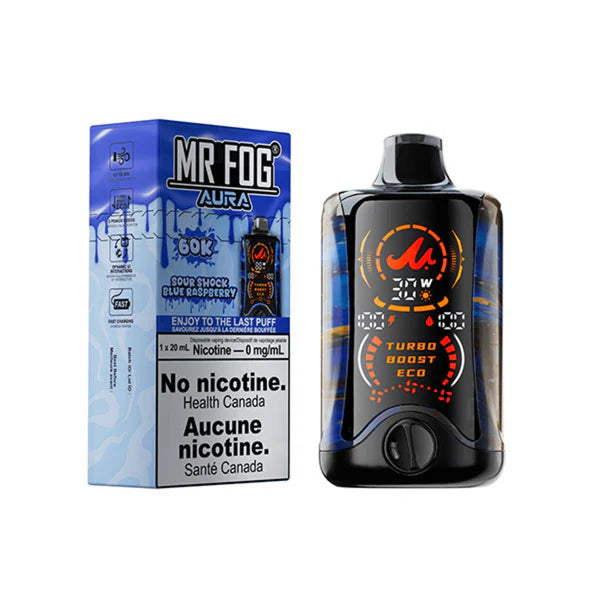 MR FOG vape device and packaging on a white background.Sour Shock Blue Raspberry Mr. Fog Aura 60K Disposable Vape 0mg