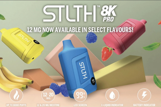 Colorful STLTH 8K Pro disposable vapes with fruit flavors, 8000 puffs, nicotine options, and feature icons.