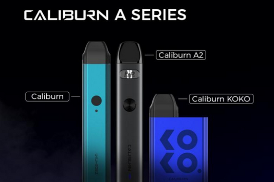 Caliburn A Series vape devices including Caliburn, Caliburn A2, and Caliburn KOKO, front view