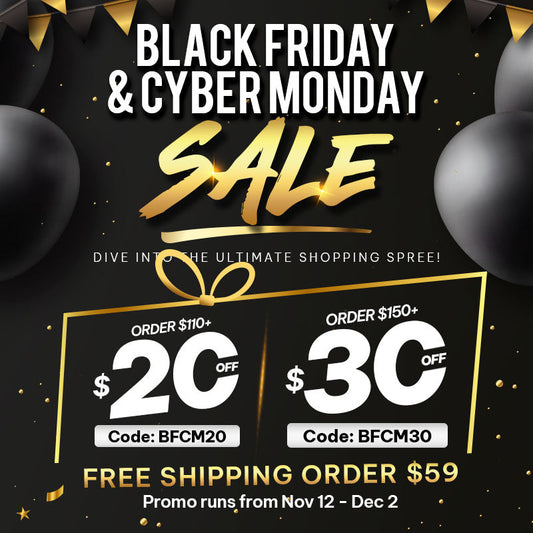Black Friday and Cyber Monday sale promo banner with discount codes, gold accents, and black balloons.