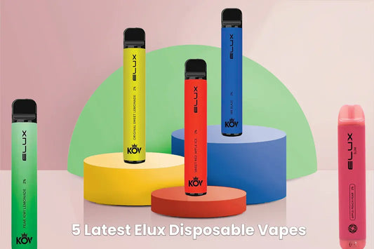 Assorted Elux disposable vapes in colorful flavors on pastel stands, vape devices display