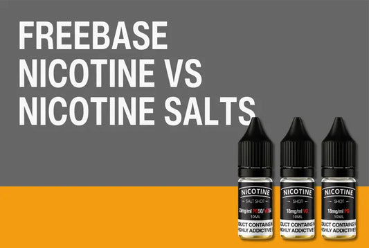 Freebase nicotine versus nicotine salts comparison with three vape juice bottles on a plain background.