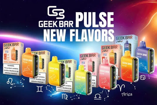 Geek Bar Pulse disposable vape devices in multiple colors and flavors, zodiac theme background.
