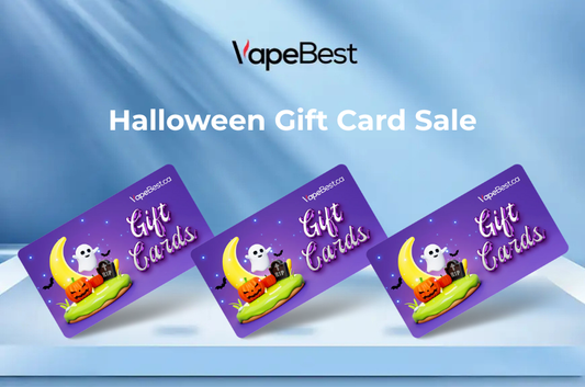 Halloween gift card sale banner with three gift cards, ghost, pumpkin, and moon graphics.