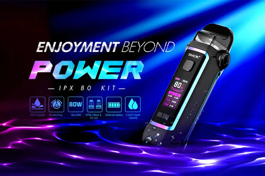 SMOK IPX 80 vape kit on a neon background, highlighting 80W power, 3000mAh battery, e-liquid capacity, and waterproof features.
