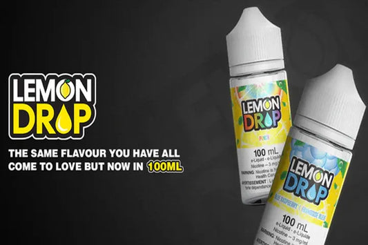 Lemon Drop vape juice 100ml bottles with colorful labels on dark background.