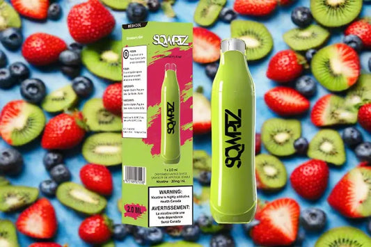Green disposable vape and packaging labeled SqweZ, with strawberries, kiwis, and blueberries background.
