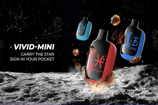 Colorful disposable vape devices with zodiac symbols floating in outer space above a lunar surface