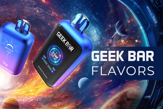 Geek Bar disposable vape devices with colorful galaxy background, text 'Geek Bar Flavors'.