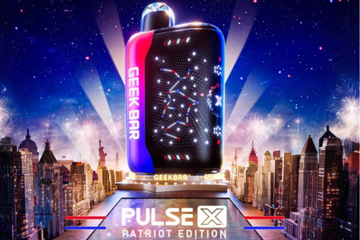 Geek Bar Pulse X Patriot Edition disposable vape device with city skyline and fireworks background