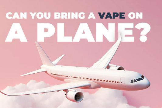 Airplane flying through clouds with text asking if vapes are allowed on a plane, travel vape rules concept