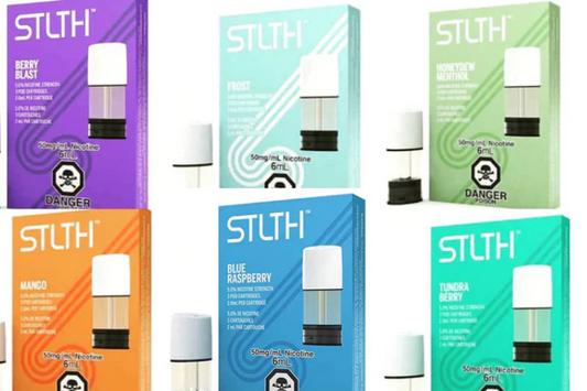 Assorted STLTH vape pods in different flavors with colorful packaging and nicotine level shown