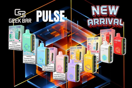 Geek Bar Pulse disposable vapes in assorted colors and flavors, new arrival display.
