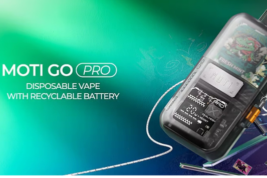 MOTI GO Pro disposable vape with recyclable battery, fresh mint flavor, tech design, green background