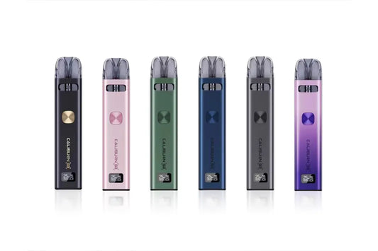 Uwell Caliburn G3 vape kits in six colors, compact pod devices on white background