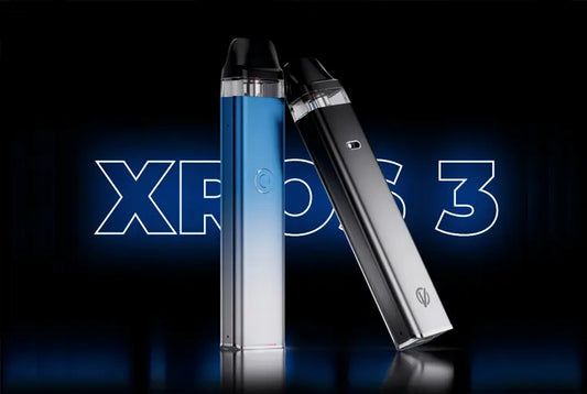 Two sleek Vaporesso XROS 3 vape pods in silver and gradient blue on a dark background