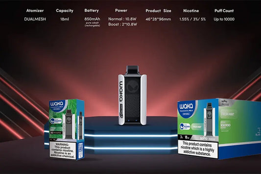 WAKA SoPro DM8000 disposable vape device with packaging, product details, and neon-lit background.