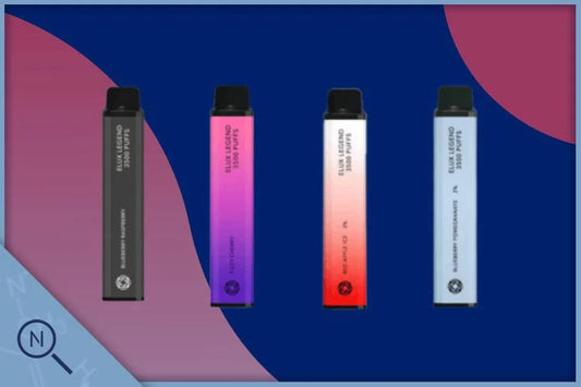 Four colorful disposable vape pens standing upright on a modern blue and pink background
