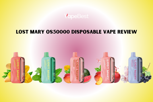 Lost Mary OS50000 disposable vapes in various colors with fruit flavors on a yellow background.