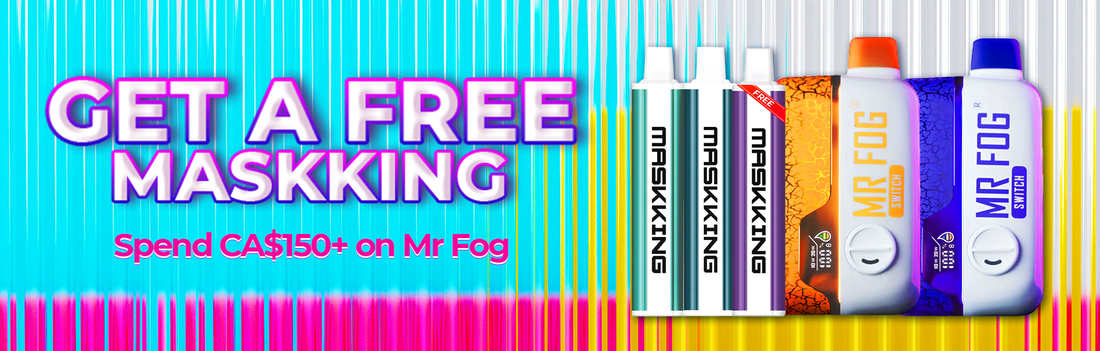 Colorful promo banner showing Maskking disposable vapes and Mr Fog devices with free offer text.