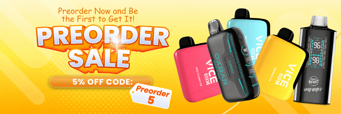 Preorder vape sale banner with 15% off code and colorful disposable vapes on yellow background