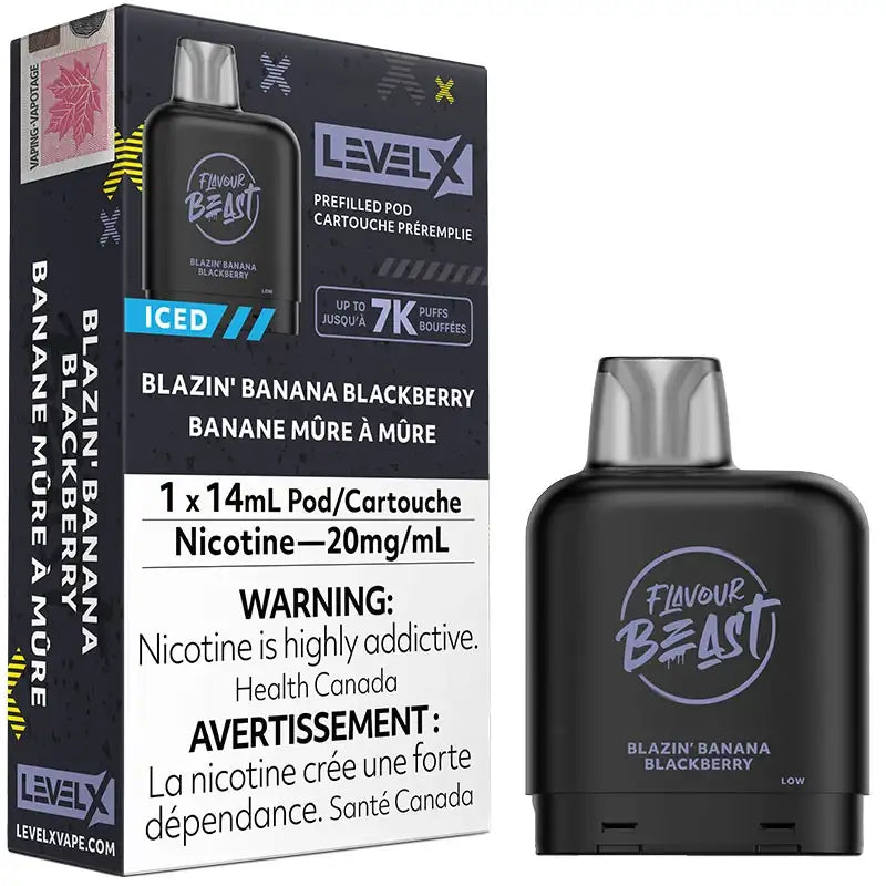 Level X vape pod packaging with Flavour Beast branding on a white Blazin' Banana Blackberry LevelX Flavour Beast 7k Puffsbackground