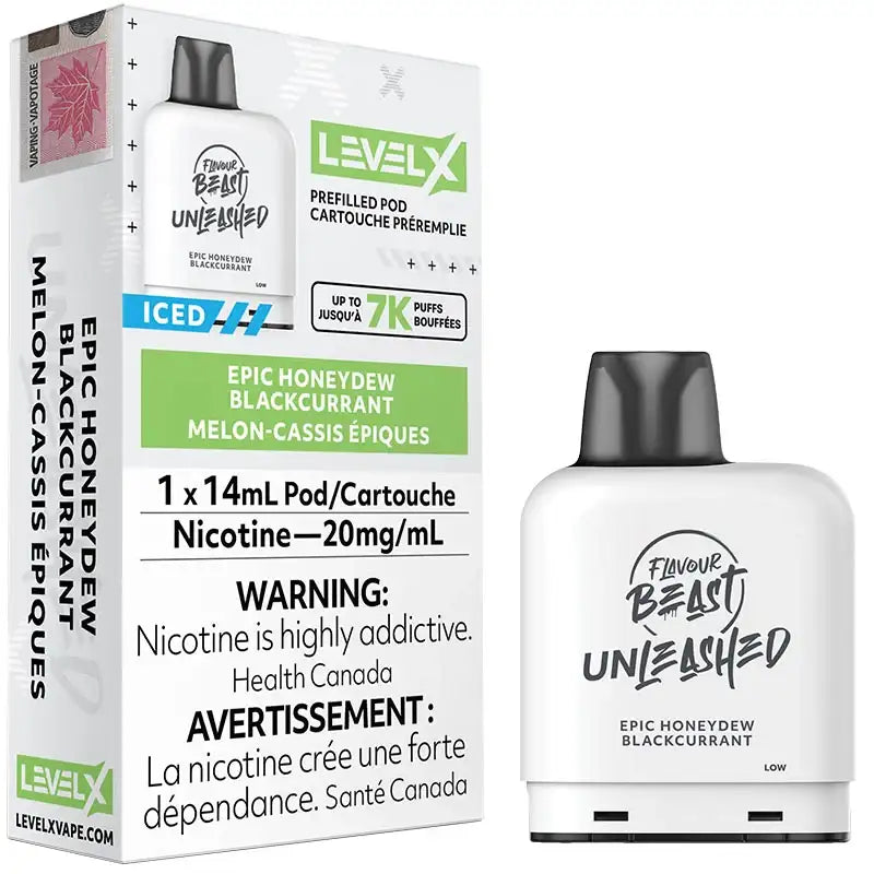 Vape pod packaging with Level X branding and product details.Level X Pod - Flavour Beast Unleashed: Epic Honeydew ...