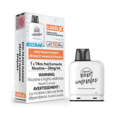 Vape pod packaging with Level X branding on a white backgroundEpic Peach Mango	Flavour Beast Level X 7K