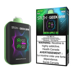 STLTH x Geek Bar vape device and packaging with green apple ice flavor on a white backgroundGreen Apple Ice