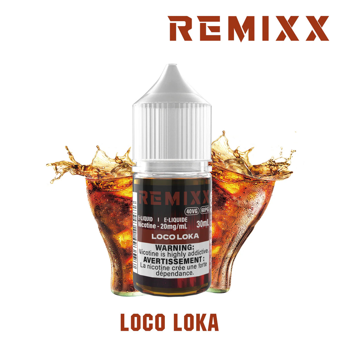 REMIXX Loco Loka vape juice bottle with splashing cola effect on a white backgroundLoco Loka-Remixx E-Liquid Vape Juice 30ML