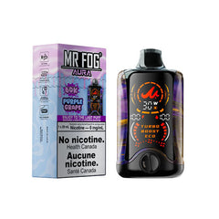 MR FOG vape device and packaging on a white background.Purple Grape Mr. Fog Aura 60K Disposable Vape 0mg