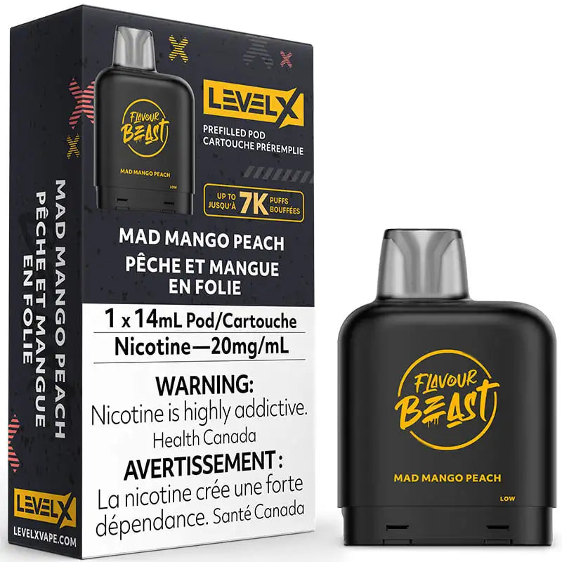Vape pod packaging with 'Flavour Beast' and 'Level X' branding on a white backgroundLevel X Pod - Flavour Beast: Mad Mango Peach (14mL)