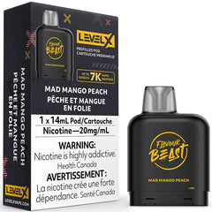 Vape pod packaging with 'Flavour Beast' and 'Level X' branding on a white backgroundLevel X Pod - Flavour Beast: Mad Mango Peach (14mL)