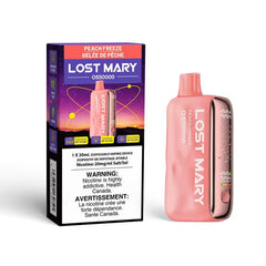 Lost Mary peach freeze vape device and packaging on a white background