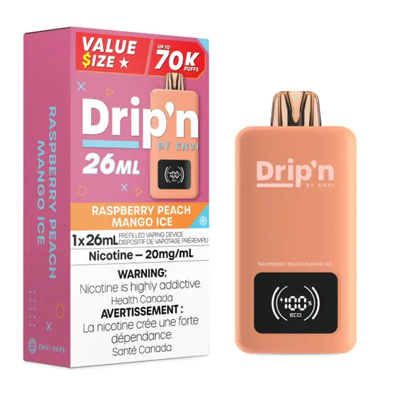 Drip'n vape device and packaging on a white backgroundDrip'n By Envi 70K - Raspberry Peach Mango Ice - Canada