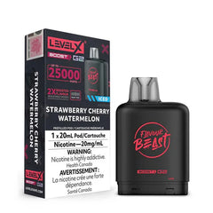 Level X vape pod packaging with strawberry cherry watermelon flavor on a white background