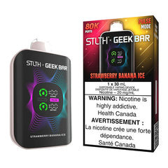 STLTH x Geek Bar disposable vaping device and packaging with strawberry banana ice flavor on a white Strawberry Banana Icebackground.