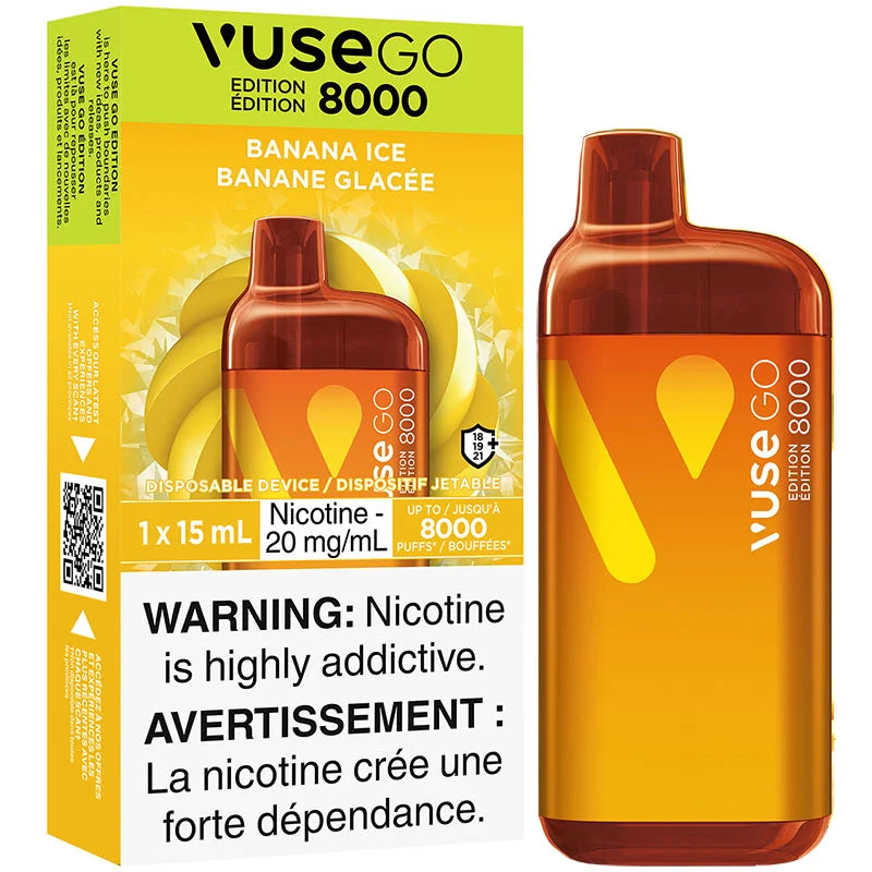 Vuse GO 8000 disposable vape device with packaging featuring banana ice flavor.