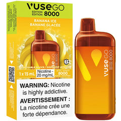 Vuse GO 8000 disposable vape device with packaging featuring banana ice flavor.
