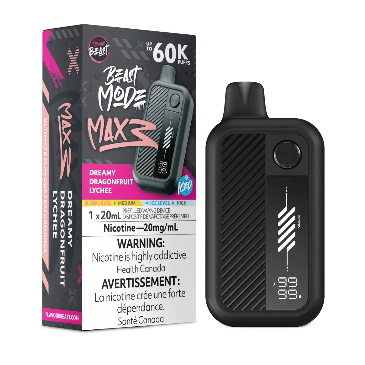 Dreamy Dragonfruit Lychee Iced Flavour Beast Mode Max 3 60K Disposable Vape