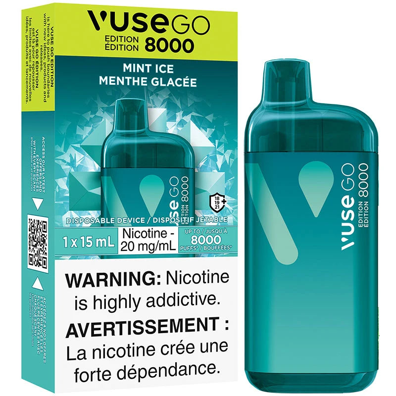 Vuse GO 8000 disposable vape device packaging with warning label