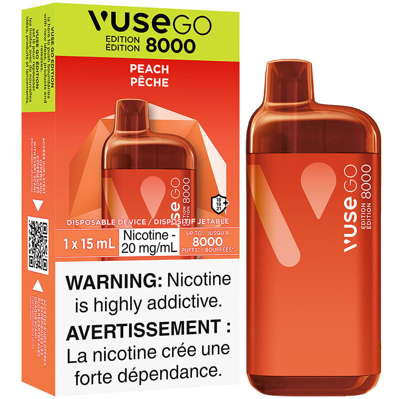 Orange vape device with 'Vuse GO' branding and packaging on a white background