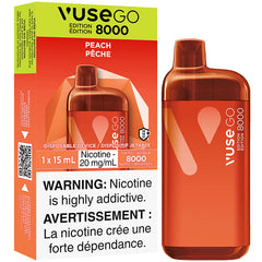 Orange vape device with 'Vuse GO' branding and packaging on a white background