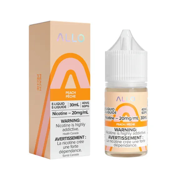 ALLO peach e-liquid bottle and packaging on a white backgroundAllo E-Liquid - Peach