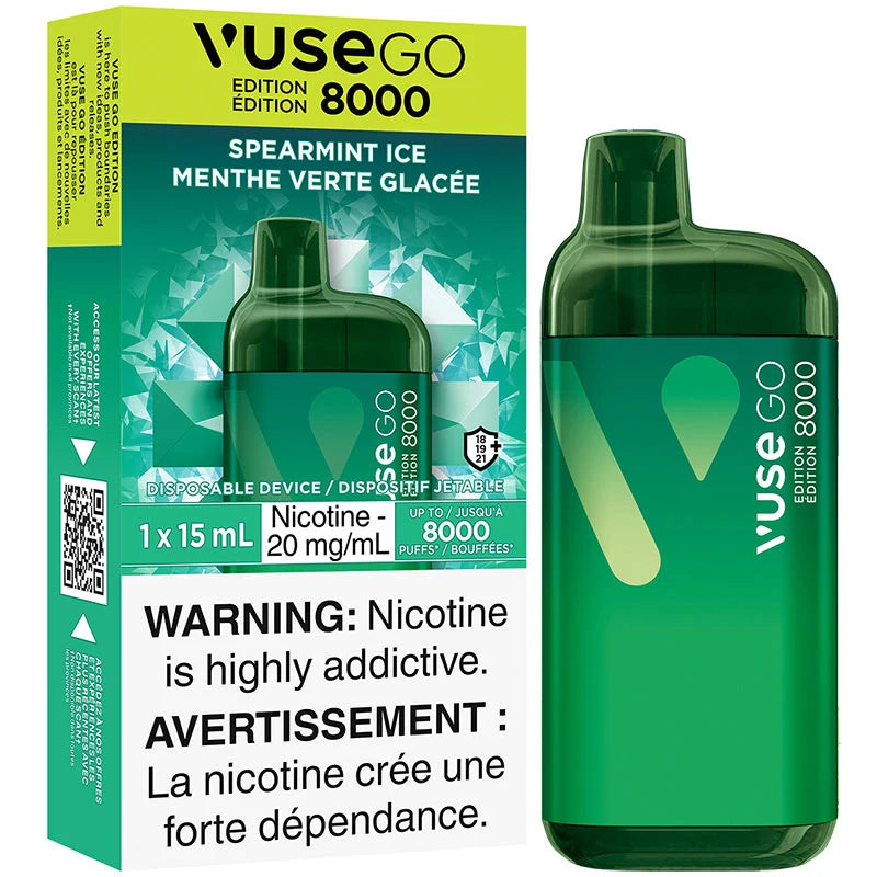 Vuse GO 8000 disposable vape device packaging with green bottle and warning label.