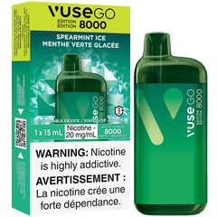 Vuse GO 8000 disposable vape device packaging with green bottle and warning label.